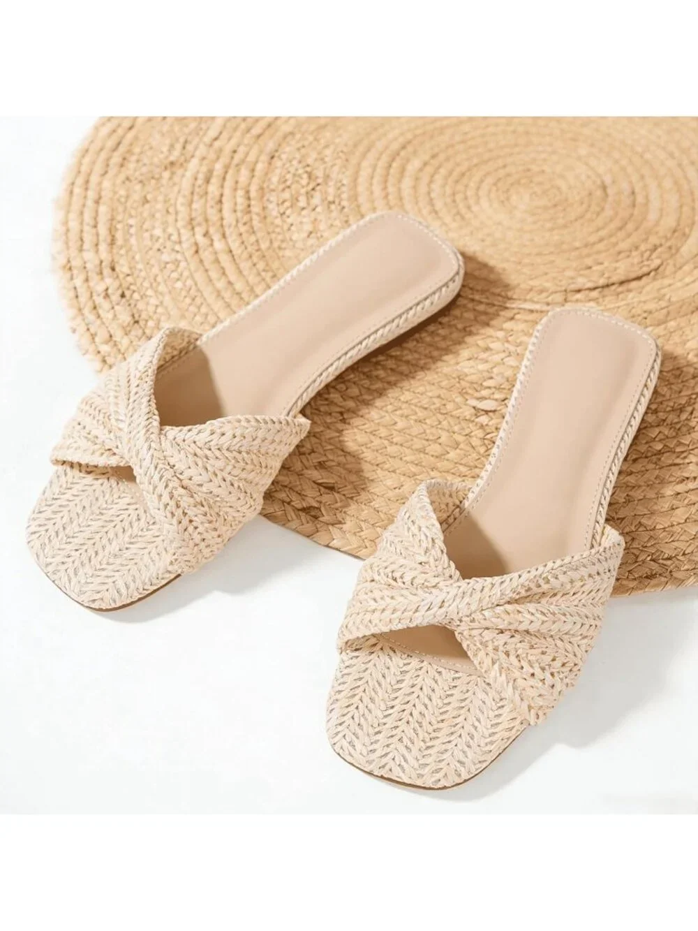 Women's Beige Summer Raffia Open Toe Woven Braided Twist Comfort Flat Sandals